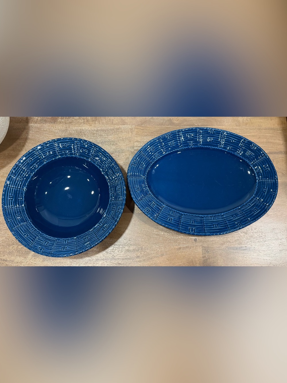 Sur La Table Deep Blue Textured Ceramic Platter and Bowl Set
